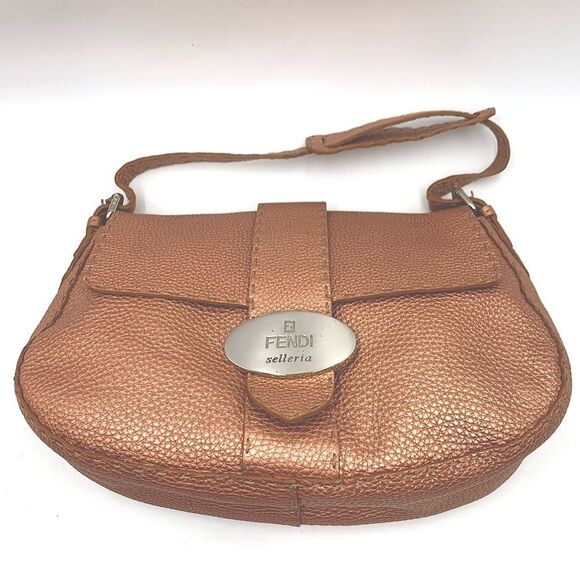 Auth Fendi Selleria Metallic Rose Grained Leather Mamma Baguette Shoulder Bag - Picture 6 of 17